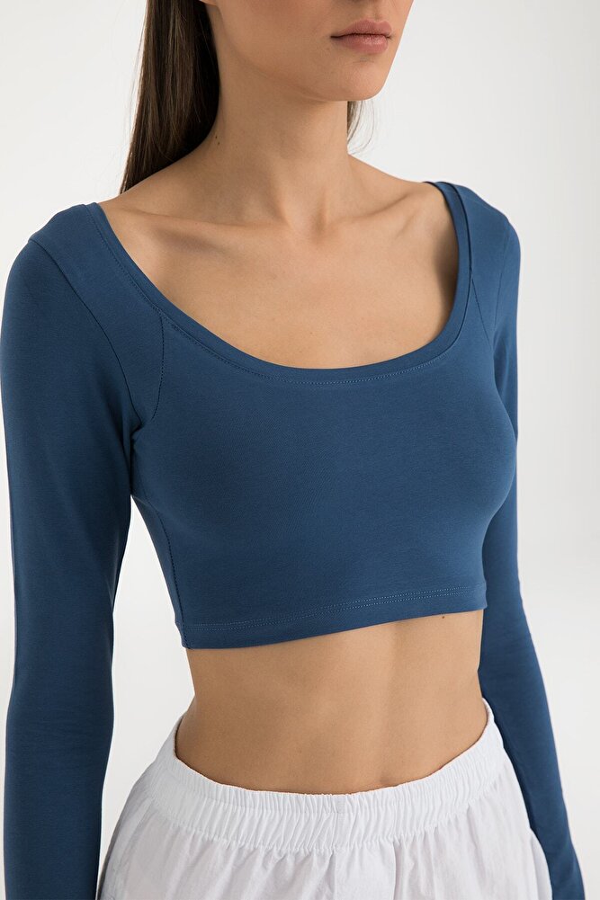 Cotton Oval Yaka Kısa Bluz İndigo