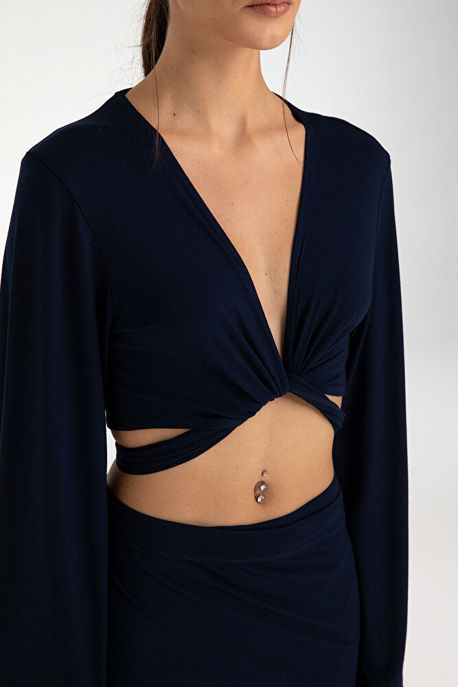 Ultra Soft Bağlamalı Volan Kol Bluz Lacivert