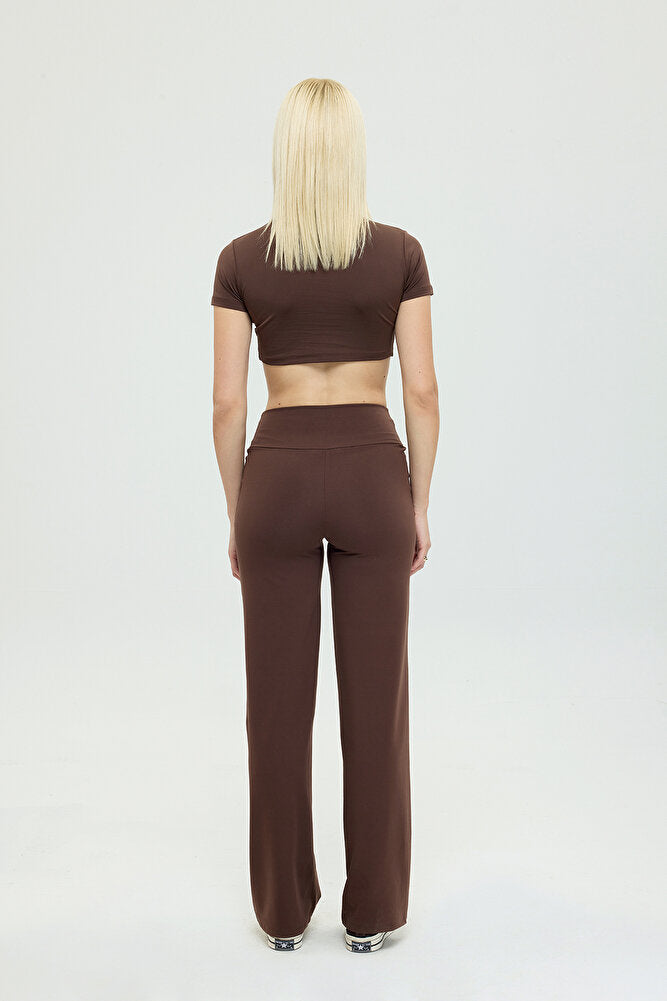 Comfort Yüksek Bel Düz Kesim Pantolon Kahverengi