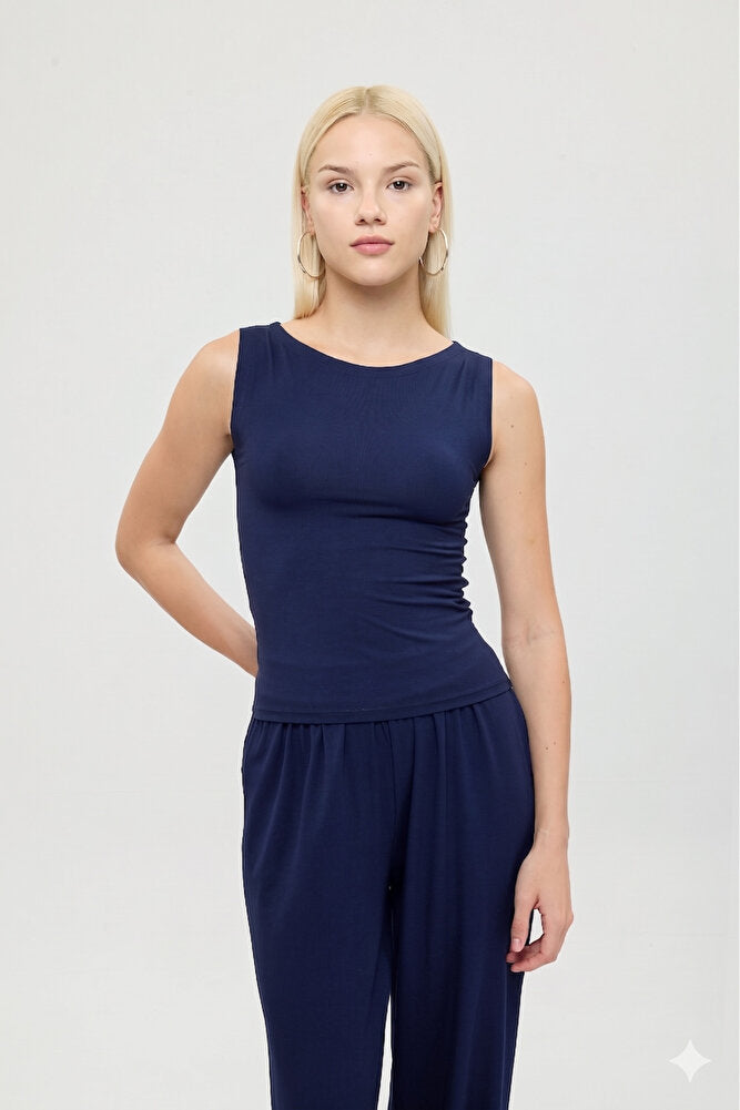 Ultra Soft Kayık Yaka Kolsuz Bluz Lacivert