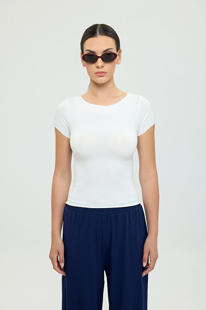 Ultra Soft Kayık Yaka Kısa Kol Bluz Ekru