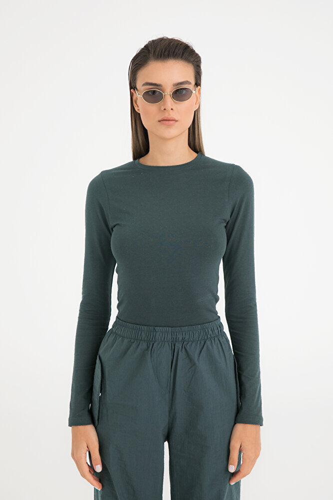 Cotton Yuvarlak Yaka Bluz Yosun Yeşili