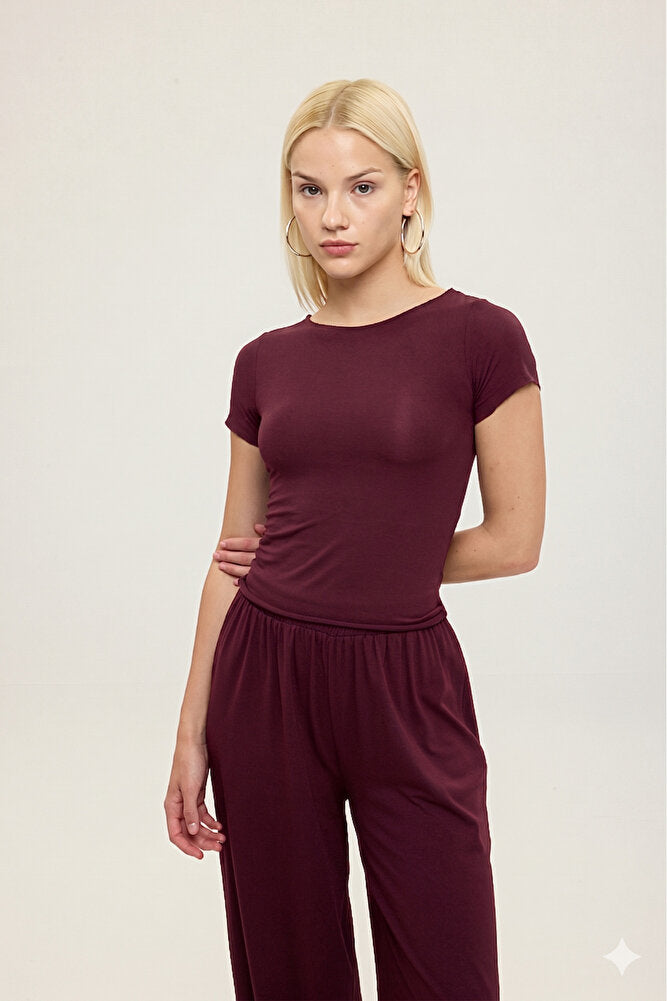 Ultra Soft Kayık Yaka Kısa Kol Bluz Bordo