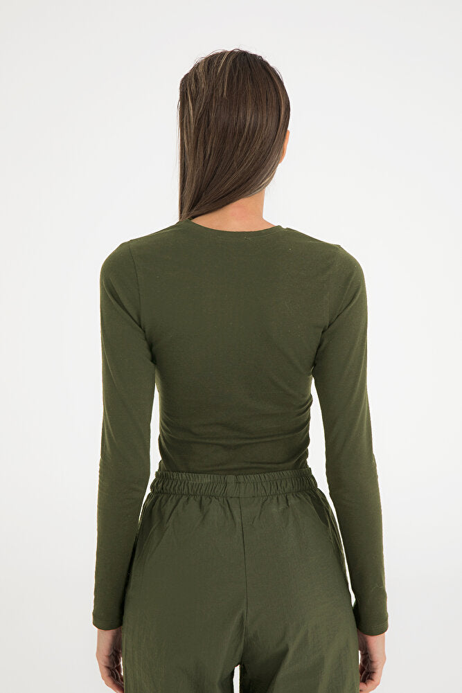 Cotton Yuvarlak Yaka Bluz Haki