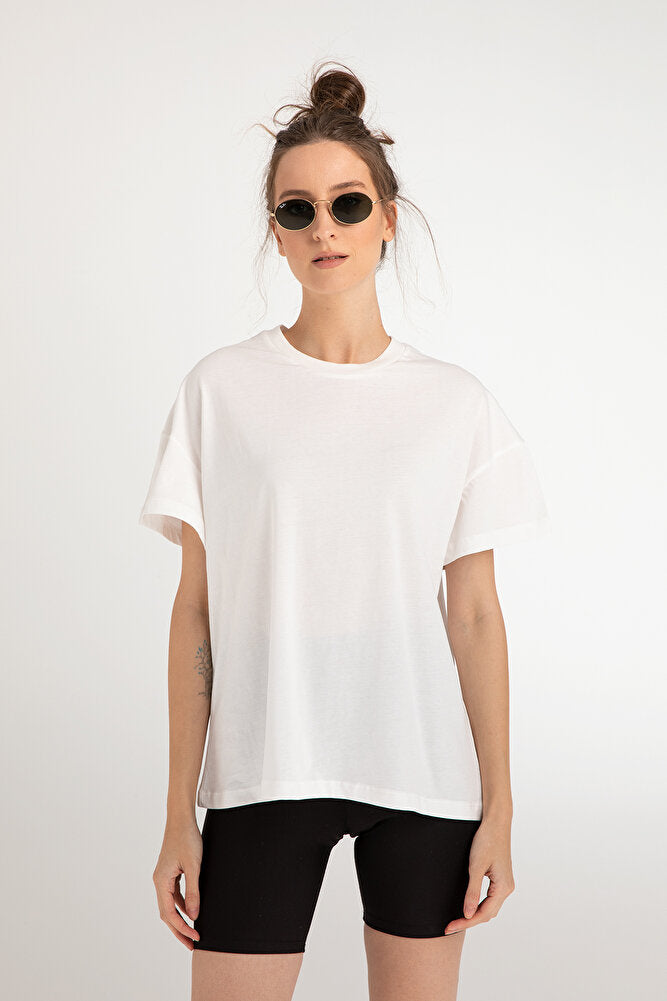 Cotton Oversize/geniş Kalıp Bisiklet Yaka Basic T-shirt Ekru