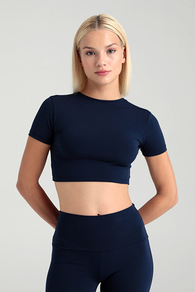 Comfort Yuvarlak Yaka Kısa Kol Crop Top Lacivert