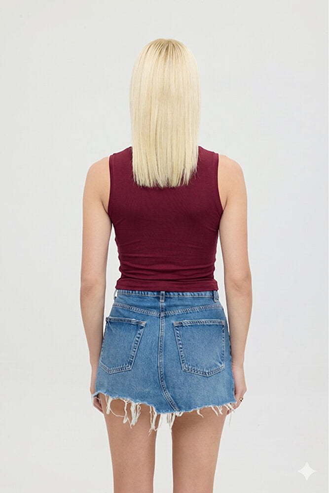 Ultra Soft Yuvarlak Yaka Kolsuz Bluz Bordo