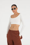 Cotton Oval Yaka Kısa Bluz Ekru