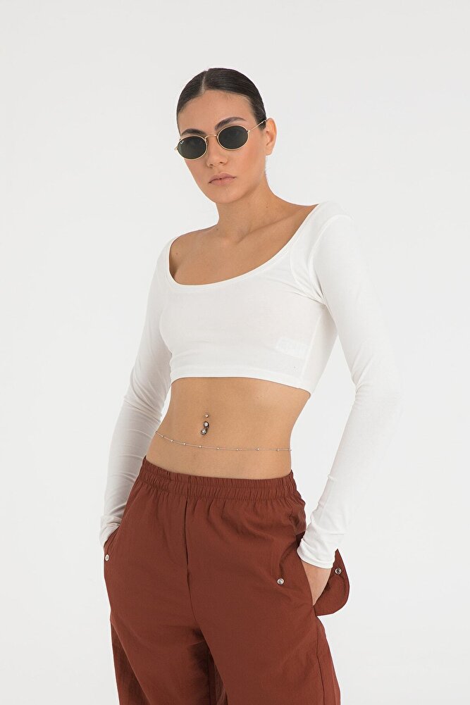 Cotton Oval Yaka Kısa Bluz Ekru