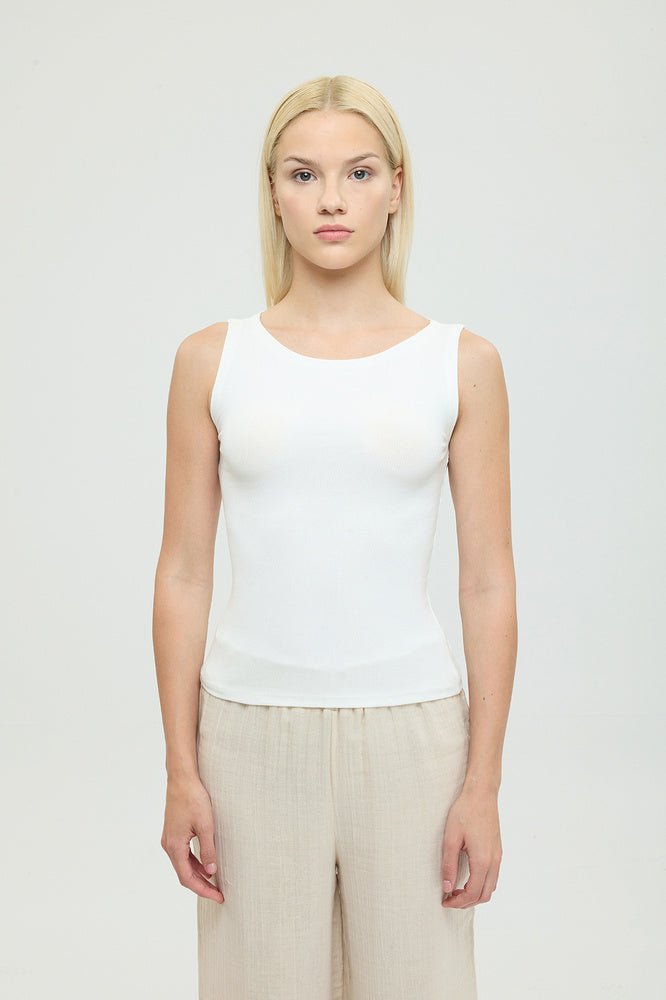 Soft Rib Kayık Yaka Kolsuz Bluz Ekru