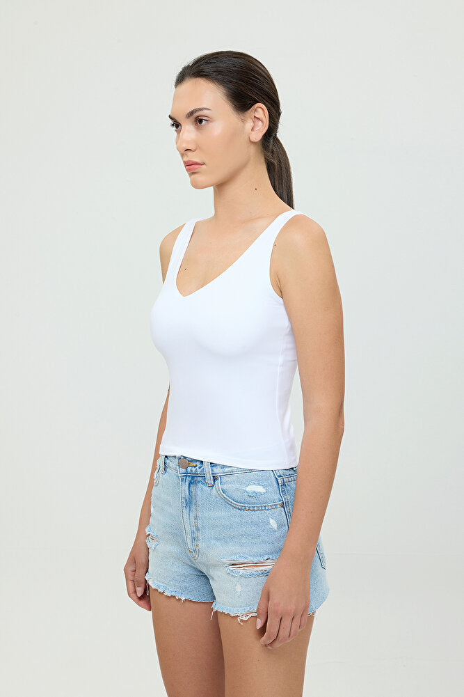 Soft Touch V Yaka Tulum Bluz Beyaz