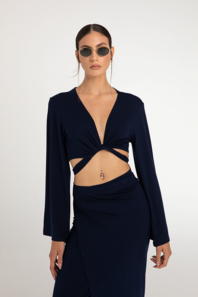 Ultra Soft Bağlamalı Volan Kol Bluz Lacivert