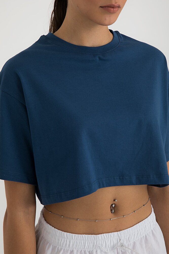 Cotton Oversize Kısa Kollu Crop T-shirt İndigo