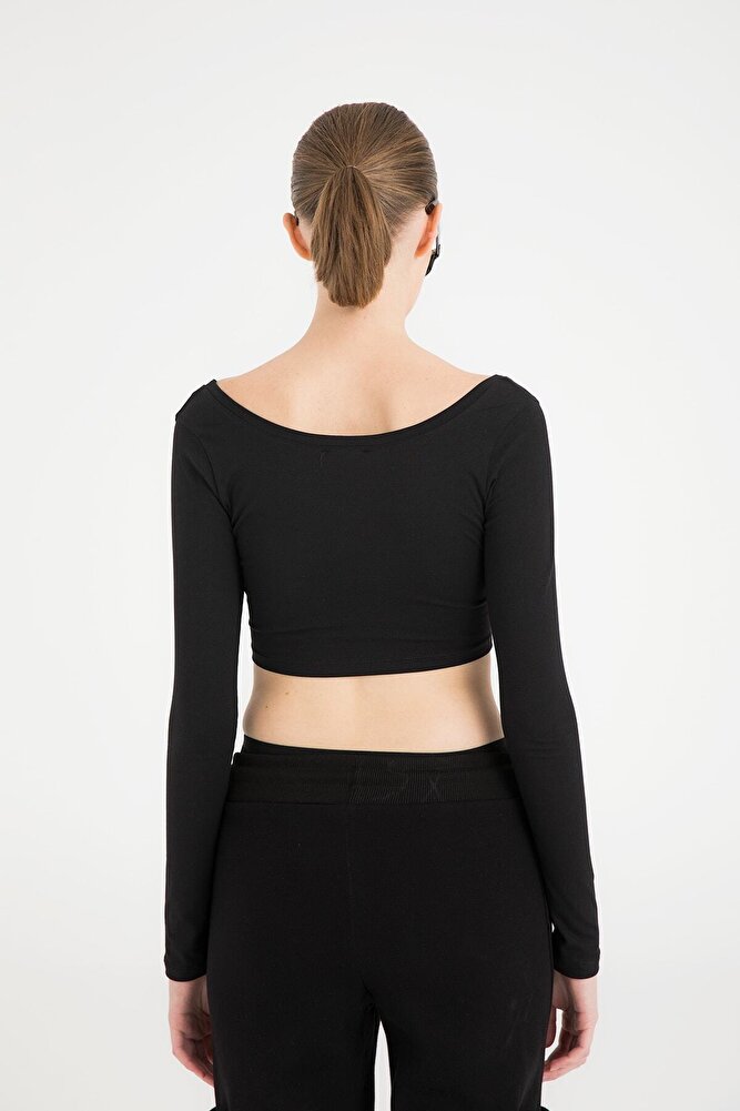 Cotton Oval Yaka Kısa Bluz Siyah