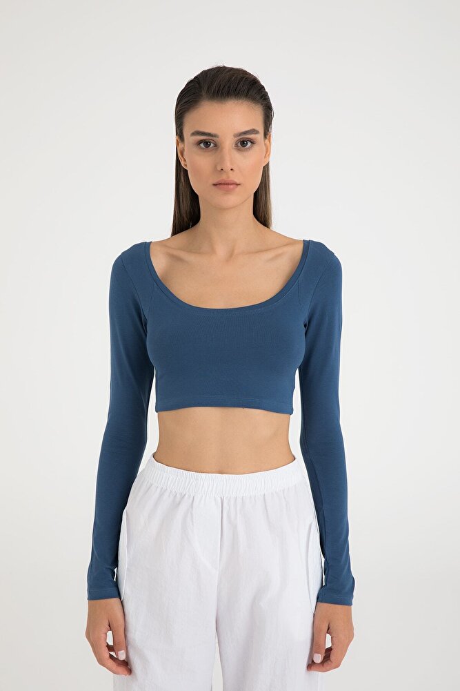 Cotton Oval Yaka Kısa Bluz İndigo