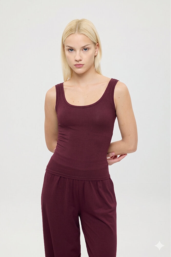 Ultra Soft Oval Yaka Kolsuz Bluz Bordo
