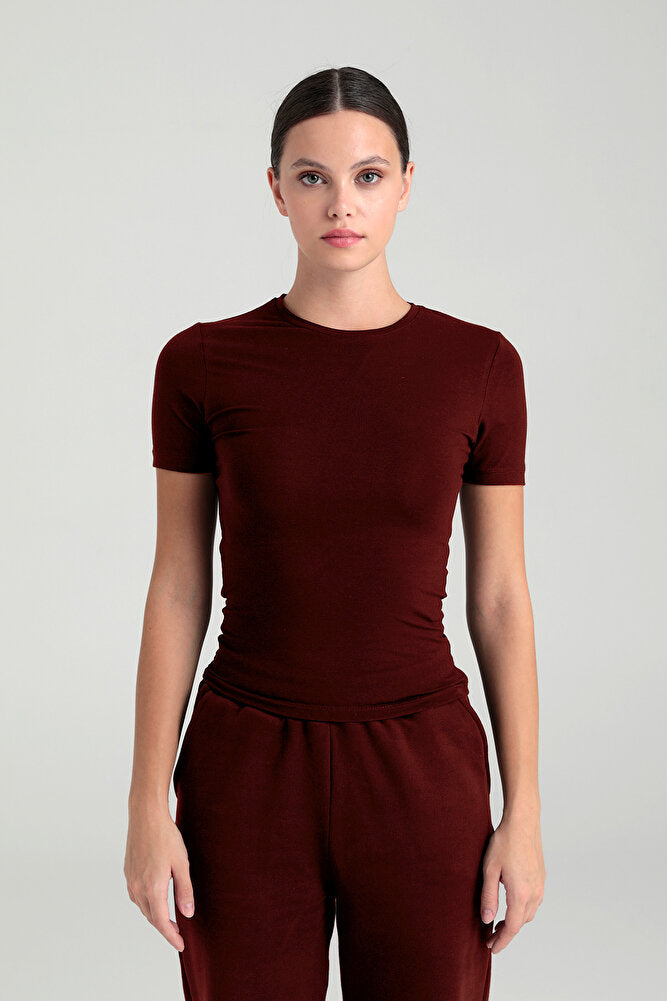 Ultra Soft Yuvarlak Yaka Kısa Kol Bluz Bordo