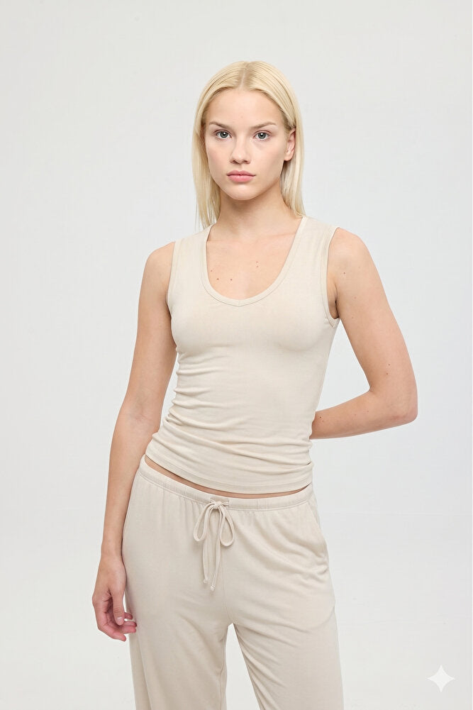 Ultra Soft V Yaka Kolsuz Bluz Bej