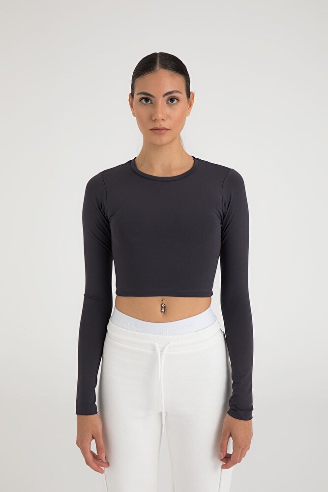 Soft Touch Yuvarlak Yaka Kısa Bluz Füme