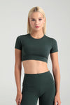 Comfort Yuvarlak Yaka Kısa Kol Crop Top Yosun Yeşili