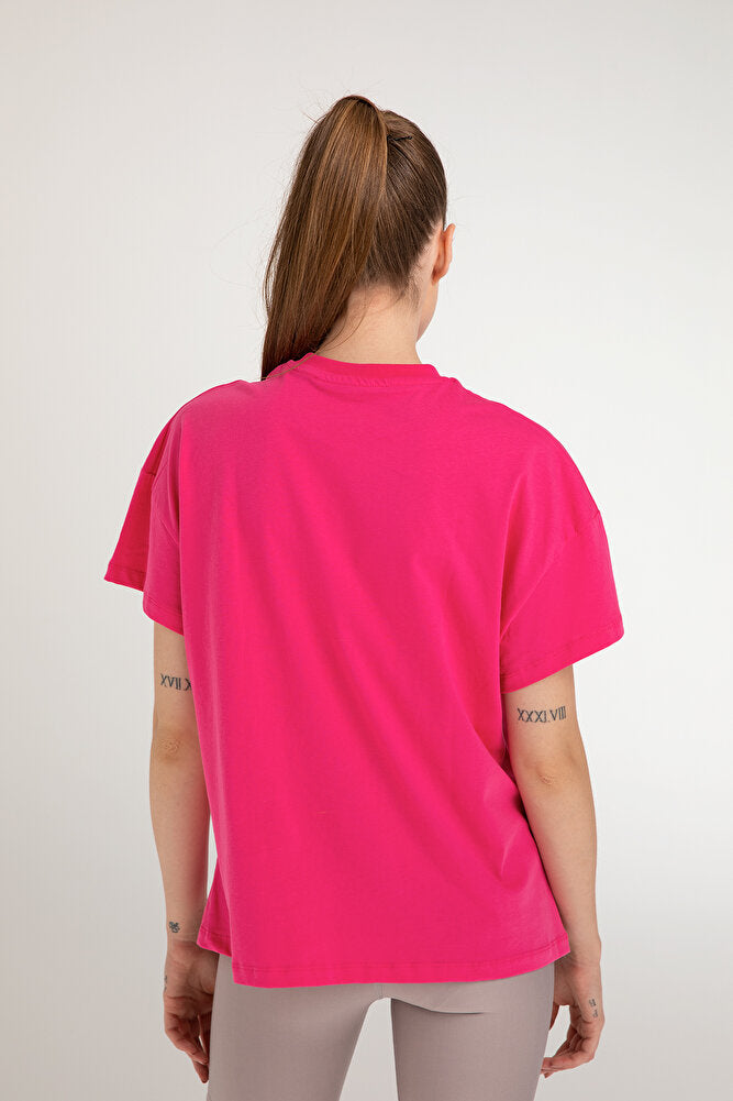 Cotton Oversize Bisiklet Yaka Basic T-shirt Fuşya