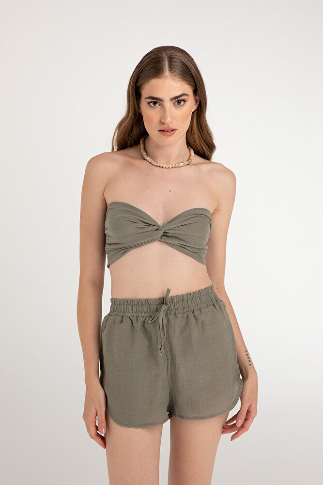 Müslin Düğüm Crop Top Haki