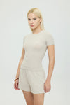 Soft Rib Yuvarlak Yaka Kısa Kol Bluz Bej
