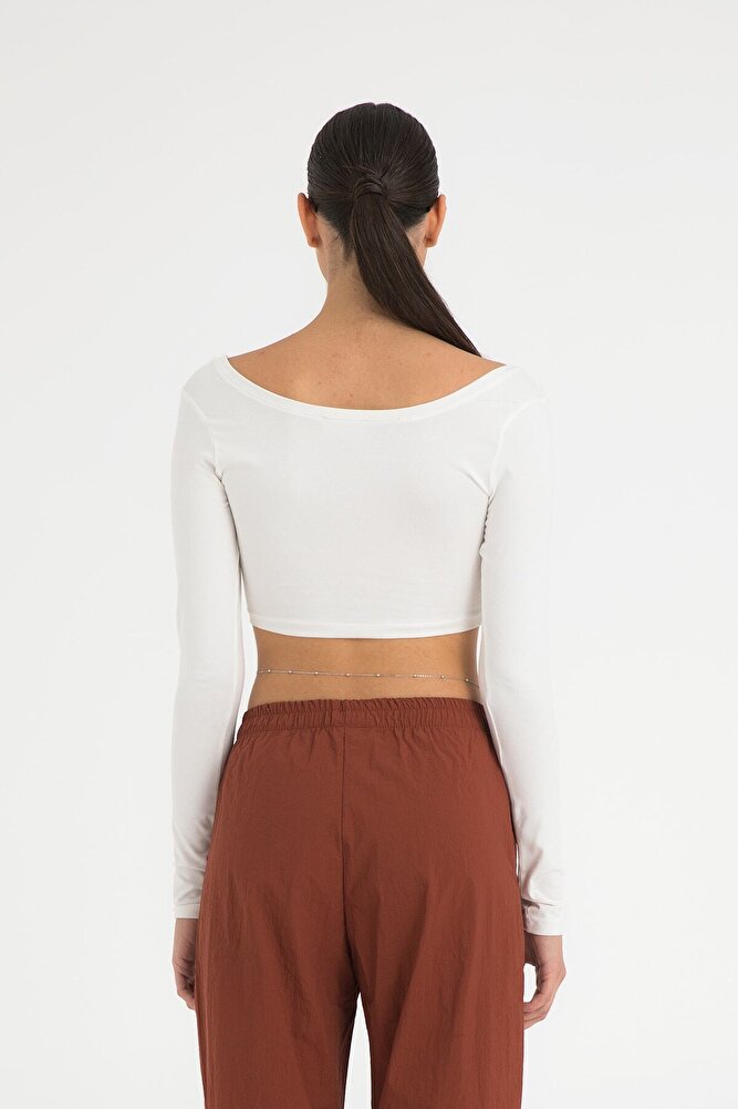 Cotton Oval Yaka Kısa Bluz Ekru