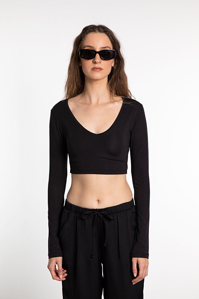 Soft Touch V Yaka Kısa Bluz Siyah