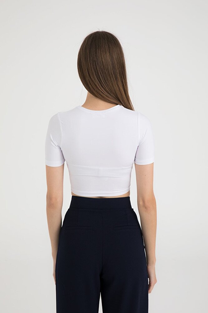 Soft Touch Yuvarlak Yaka Kısa Kol Crop Top Beyaz
