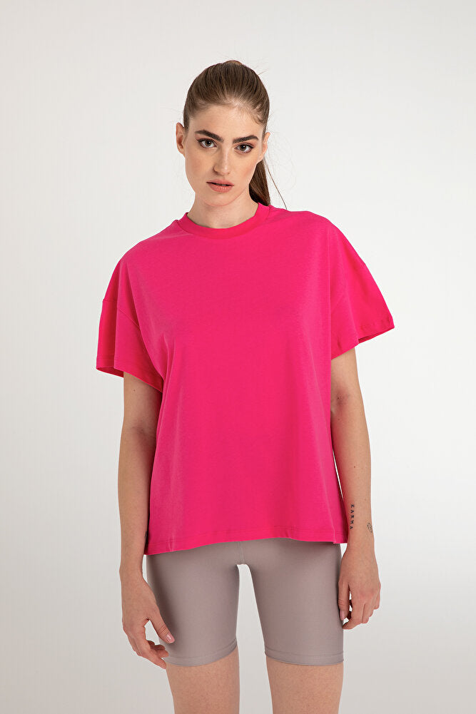 Cotton Oversize Bisiklet Yaka Basic T-shirt Fuşya