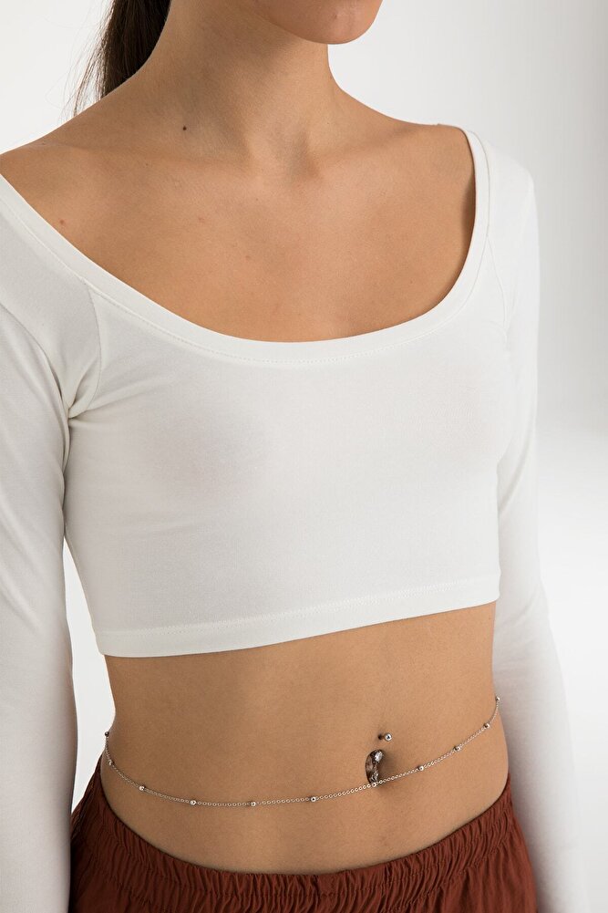 Cotton Oval Yaka Kısa Bluz Ekru