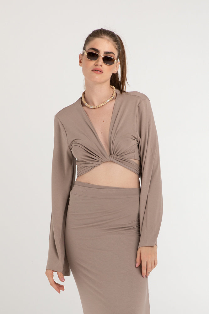 Ultra Soft Bağlamalı Volan Kol Bluz Vizon