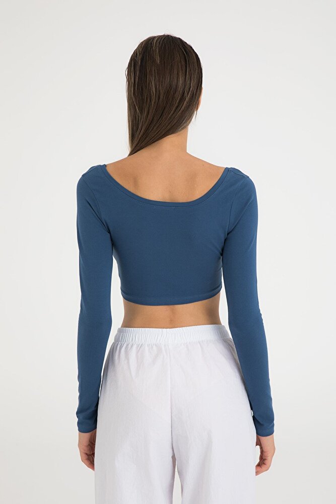 Cotton Oval Yaka Kısa Bluz İndigo