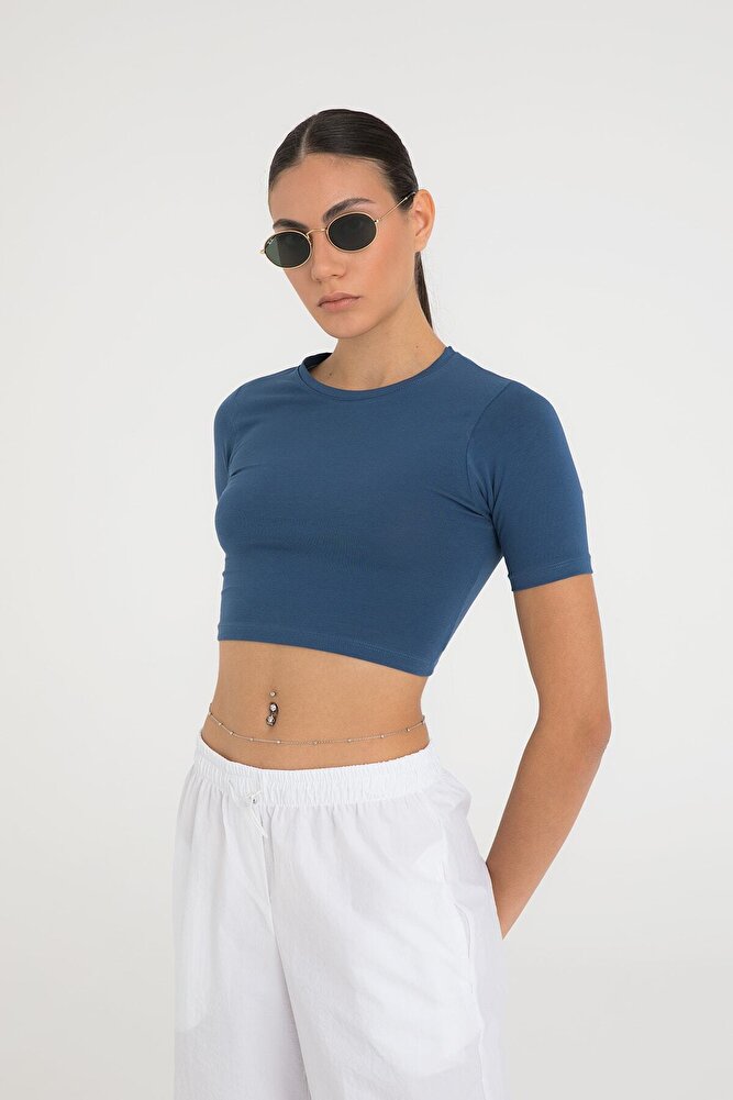 Cotton Yuvarlak Yaka Kısa Kol Crop Top İndigo