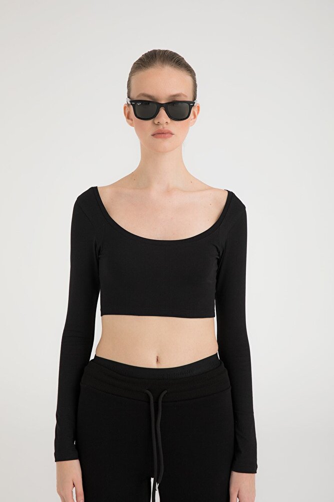 Cotton Oval Yaka Kısa Bluz Siyah