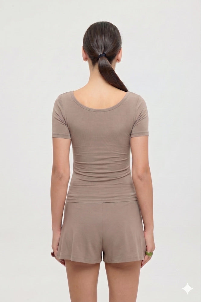 Ultra Soft Oval Yaka Kısa Kol Bluz Vizon