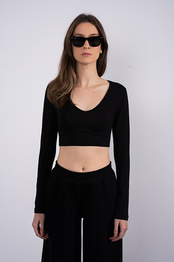 Cotton V Yaka Kısa Bluz Siyah