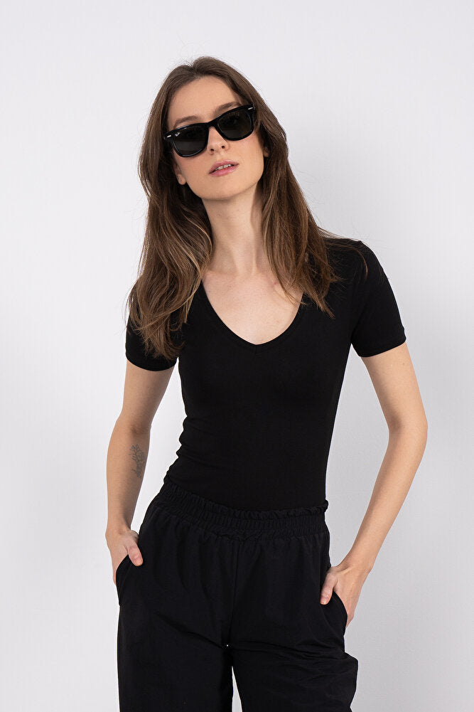 Cotton V Yaka Kısa Kol Bluz Siyah