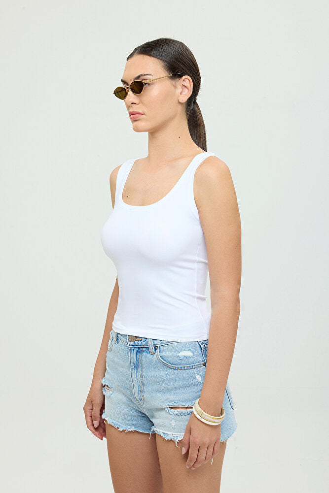 Soft Touch Oval Yaka Kolsuz Bluz Beyaz