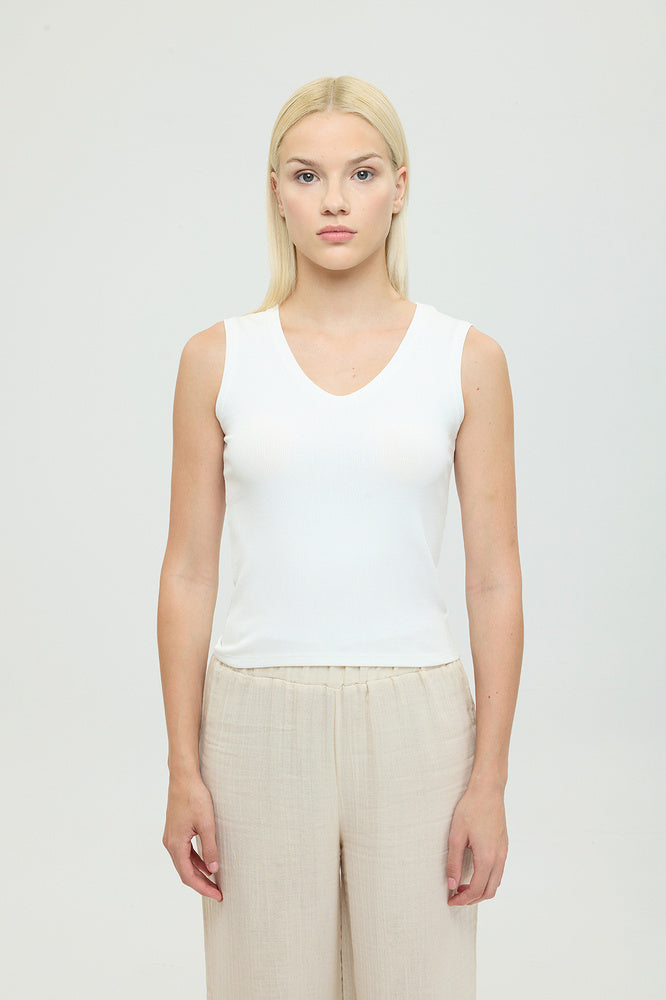 Soft Rib V Yaka Kolsuz Bluz Ekru