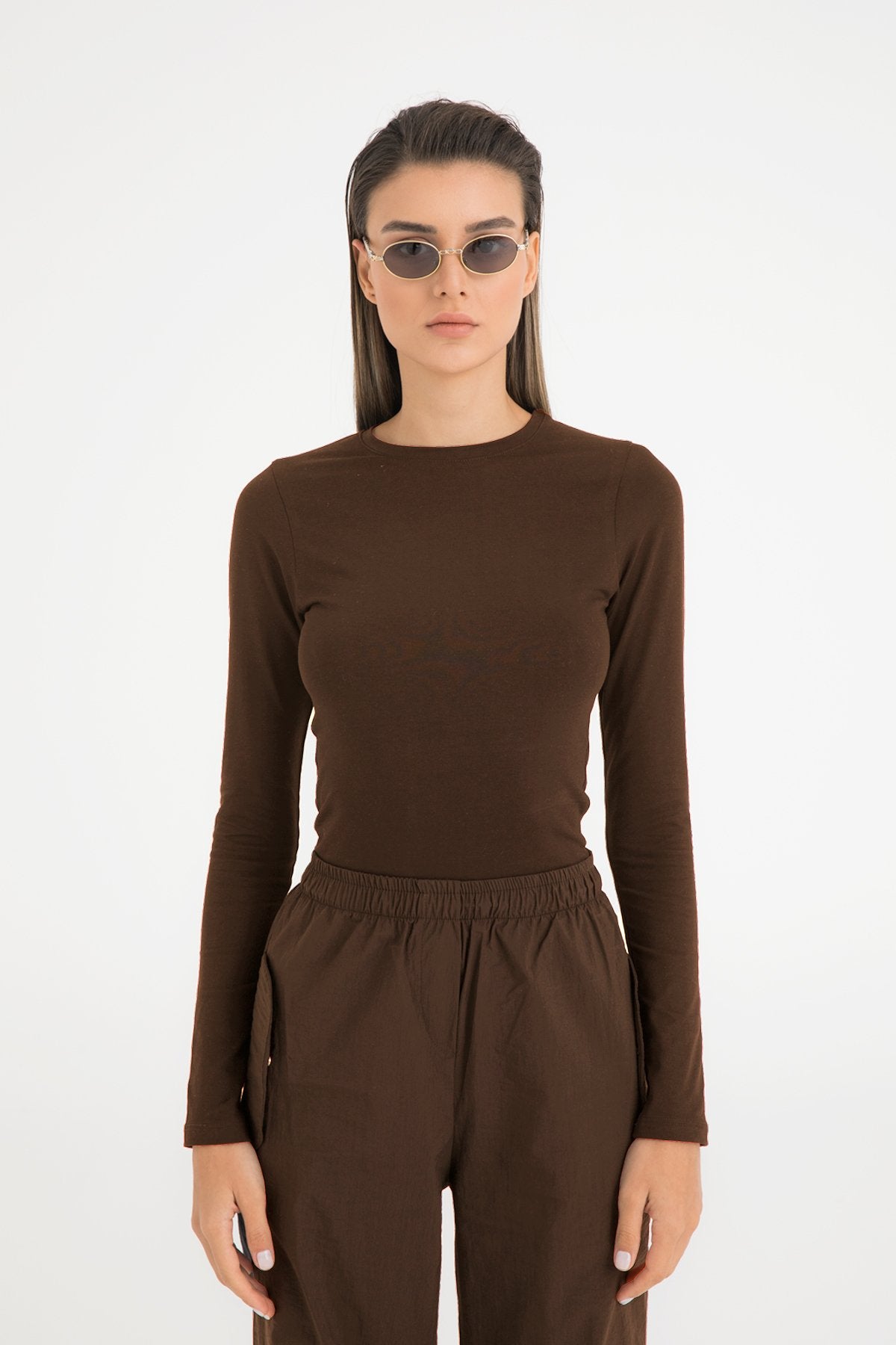 Cotton Yuvarlak Yaka Bluz Kahverengi