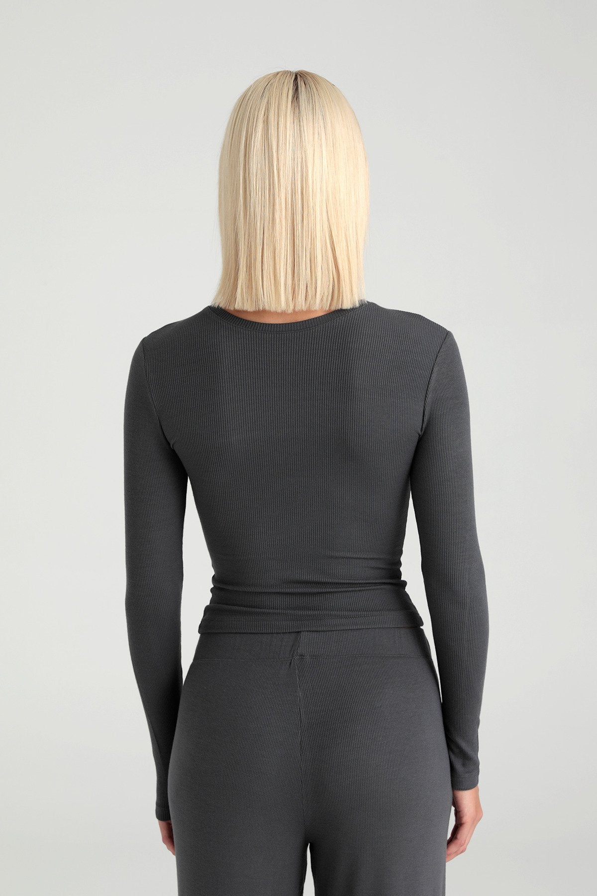 Soft Rib Yuvarlak Yaka Bluz Füme