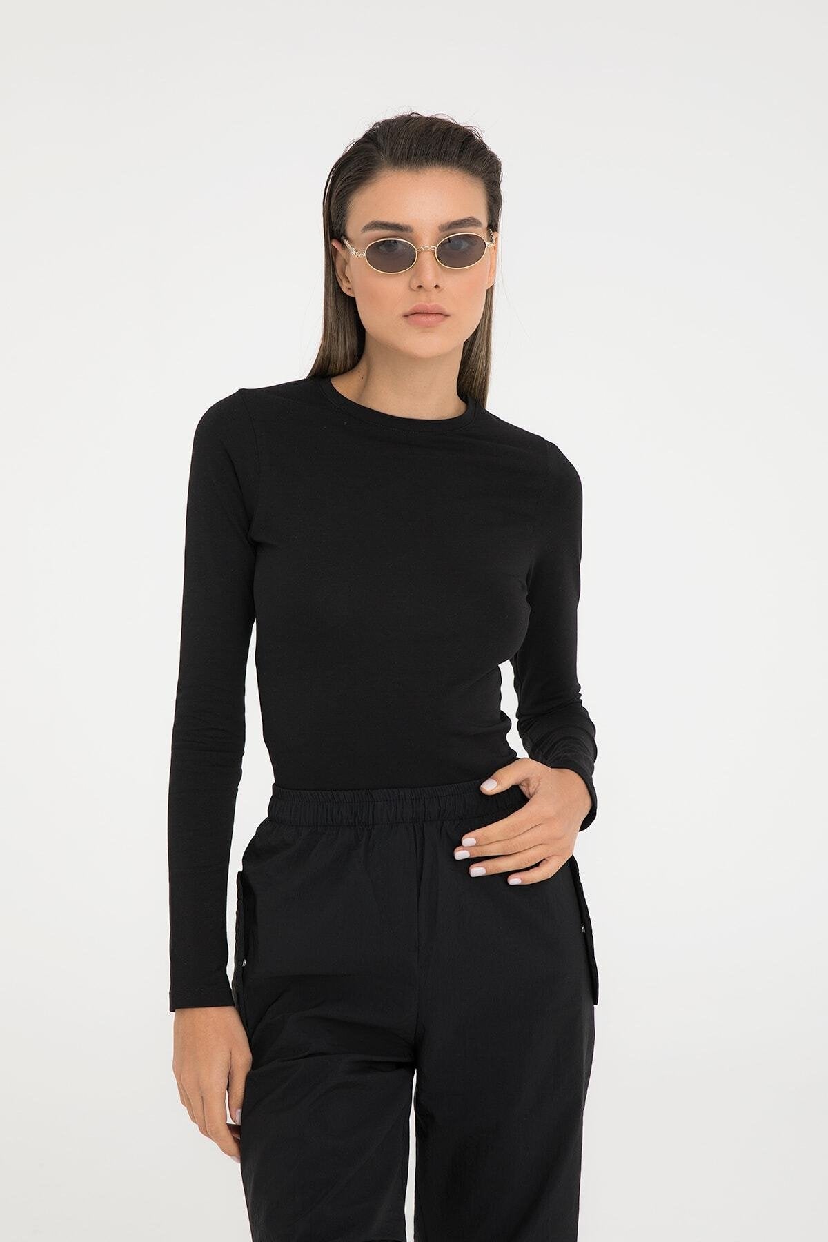 Cotton Yuvarlak Yaka Bluz Siyah