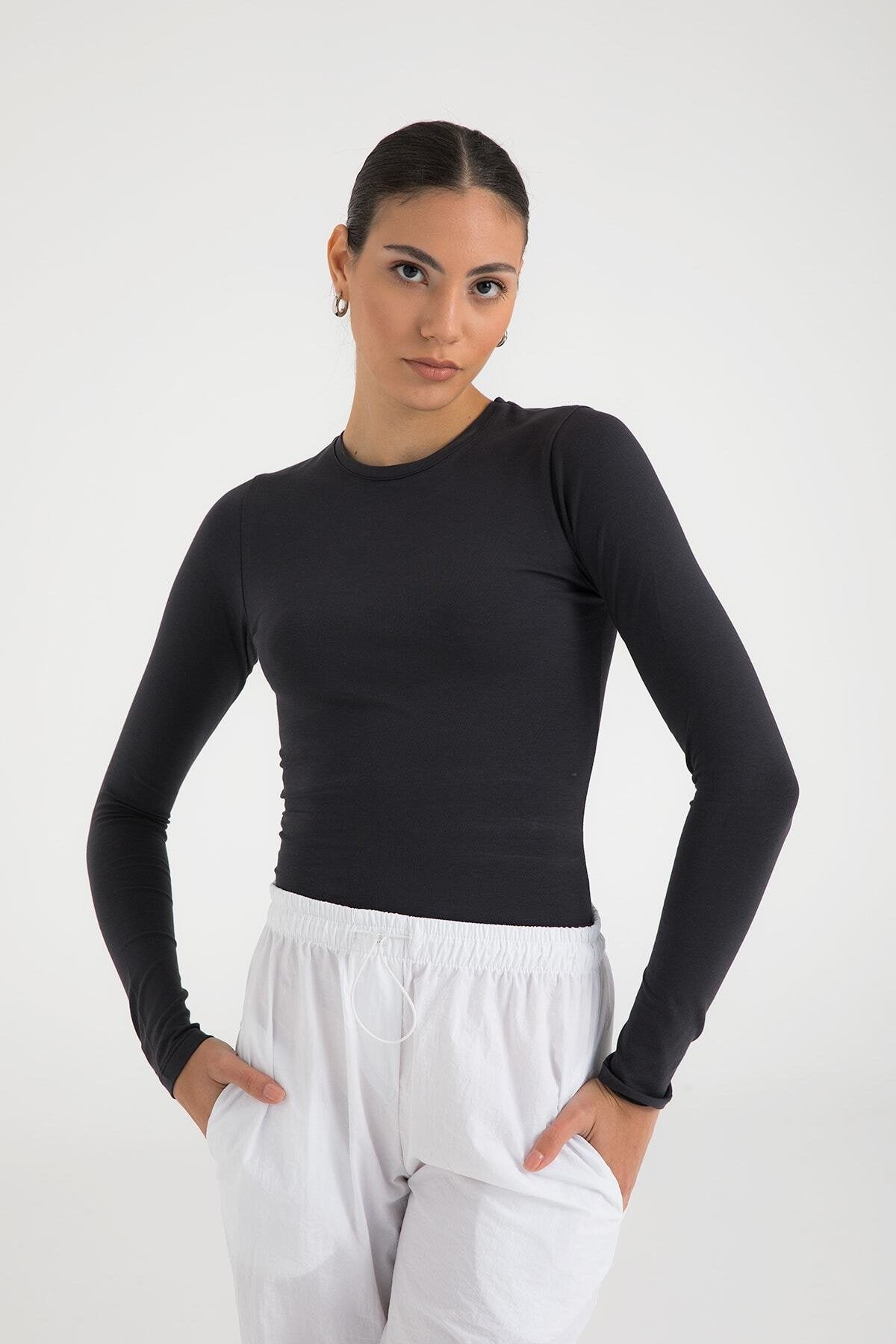 Cotton Yuvarlak Yaka Bluz Füme