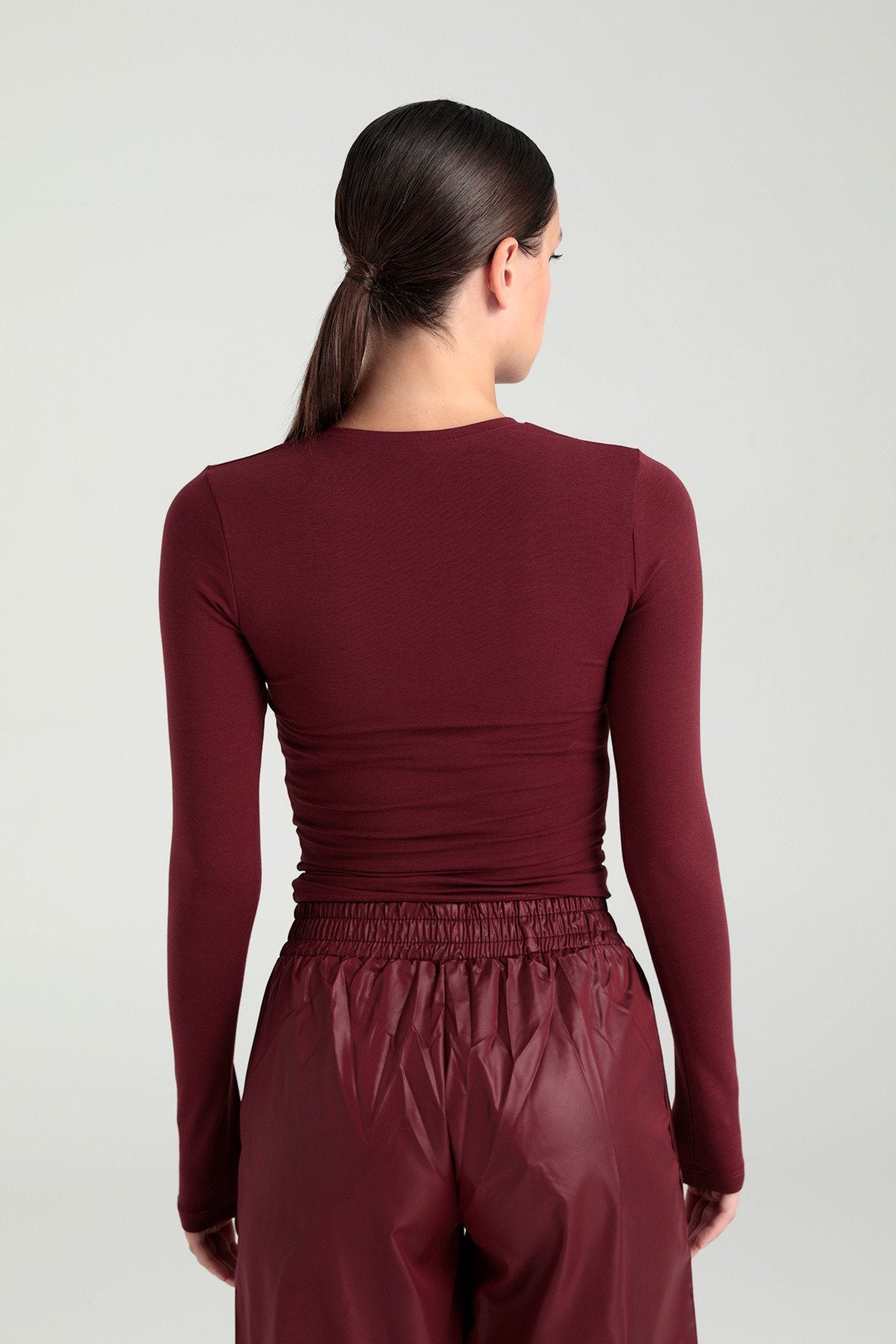 Cotton Yuvarlak Yaka Bluz Bordo