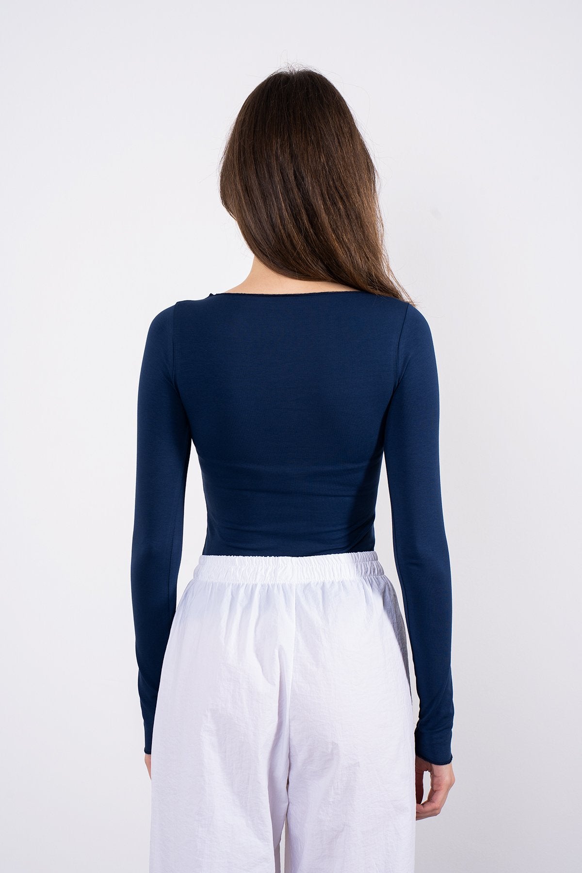 Cotton Kayık Yaka Bluz Lacivert