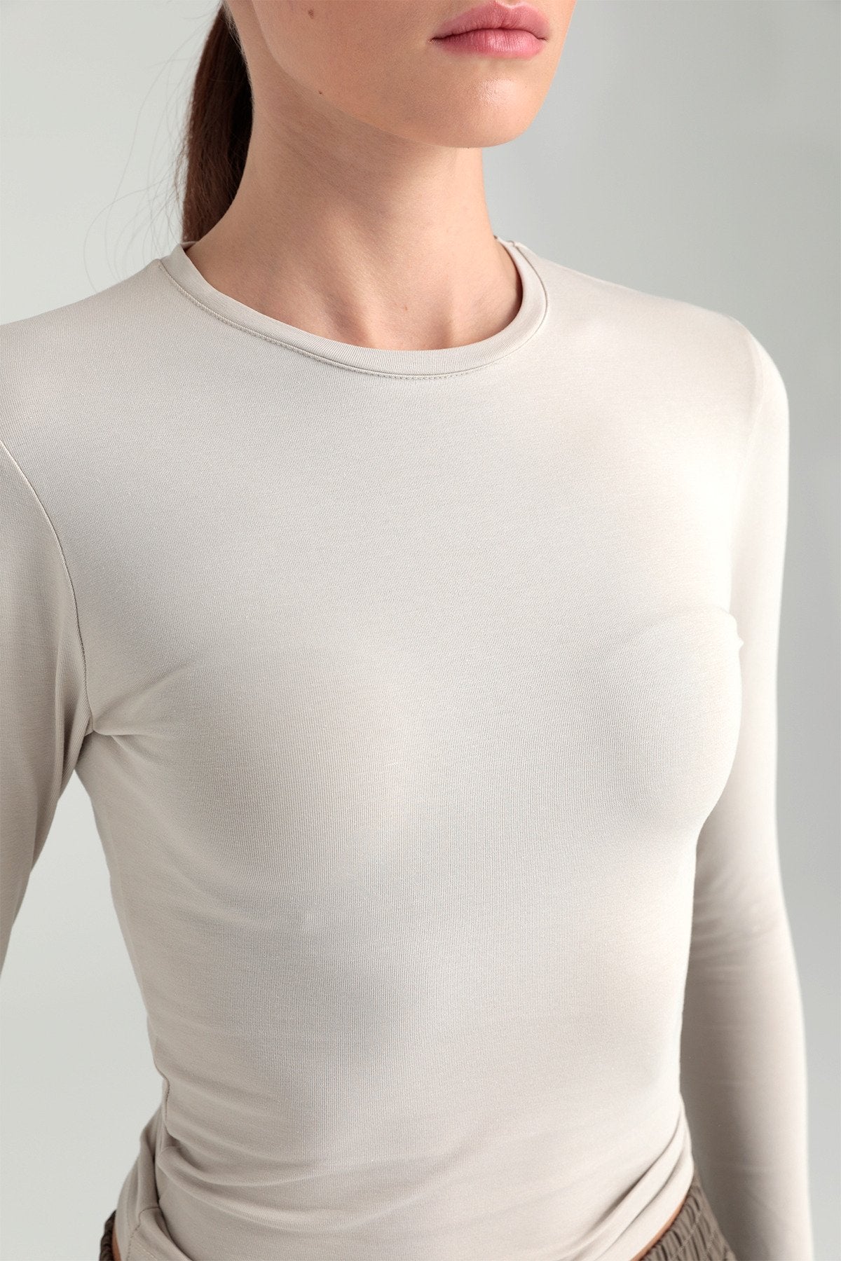 Cotton Yuvarlak Yaka Bluz Bej