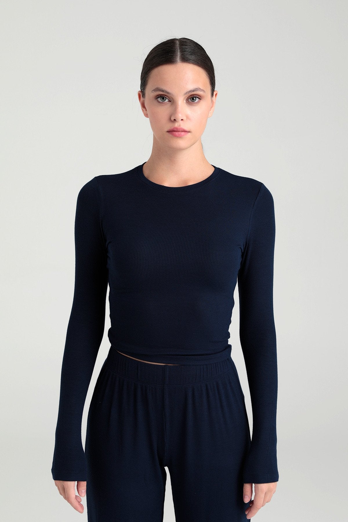 Soft Rib Yuvarlak Yaka Bluz Lacivert