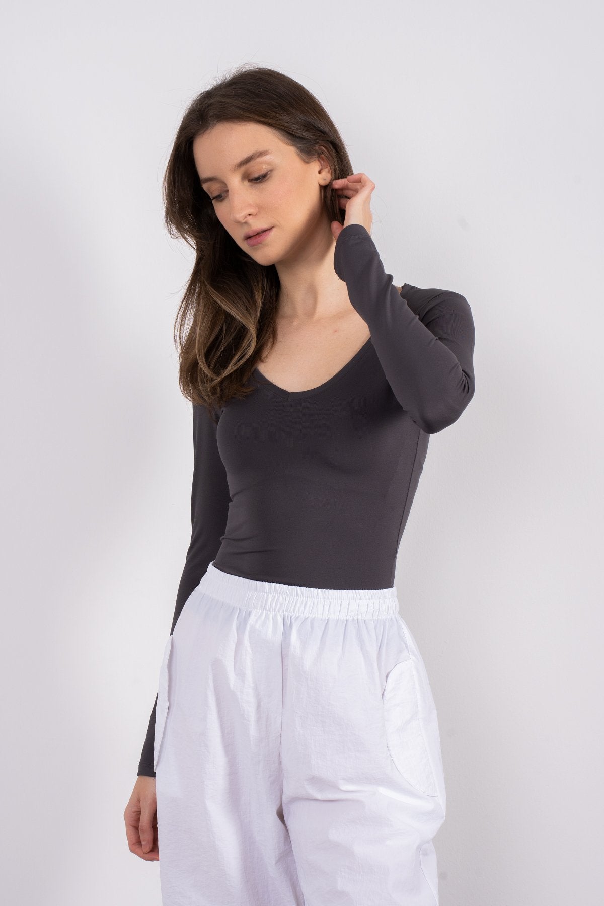 Soft Touch V Yaka Bluz Füme